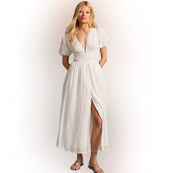 Anthropologie White Midi Dress with Puff Sleeves - Picture 3 of 10